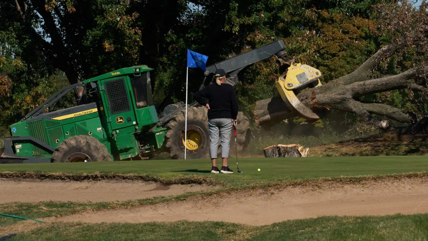 A golfer watches as trees are removed at East Potomac Park Golf Course, Monday, Oct. 26, 2026, in Washington. (AP Photo/Julia Demaree Nikhinson)