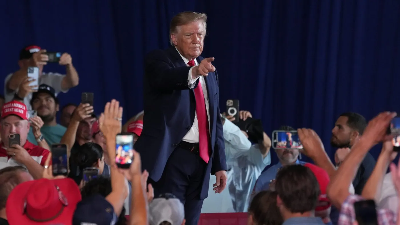President Donald Trump points to supporters during a campaign rally, Tuesday, Oct. 27, 2026, in Corpus Christi, Texas. (AP Photo Eric Vryn)