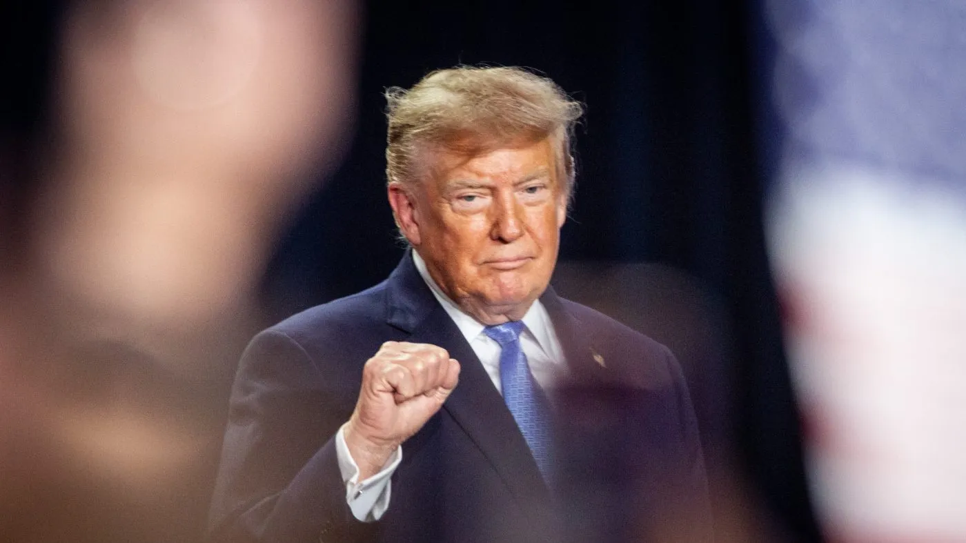 President Trump raises his fist during a campaign rally at Crossroads Arena in Corinth, Miss., Oct. 26, 2026.