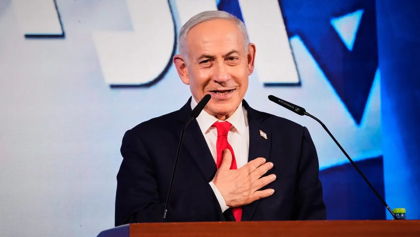 Israeli Prime Minister Benjamin Netanyahu speaks to his supporters at Likud party headquarters in Jerusalem after the release of the first exit poll results in Israel’s general election, Oct. 28, 2026.