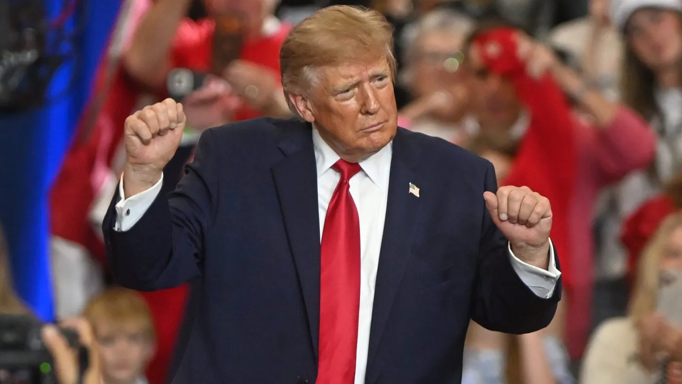 President Donald Trump dances at a campaign rally at Lubbock Memorial Civic Center, Tuesday, Oct. 27, 2026, in Lubbock, Texas. (AP Photo/Annie Rice)