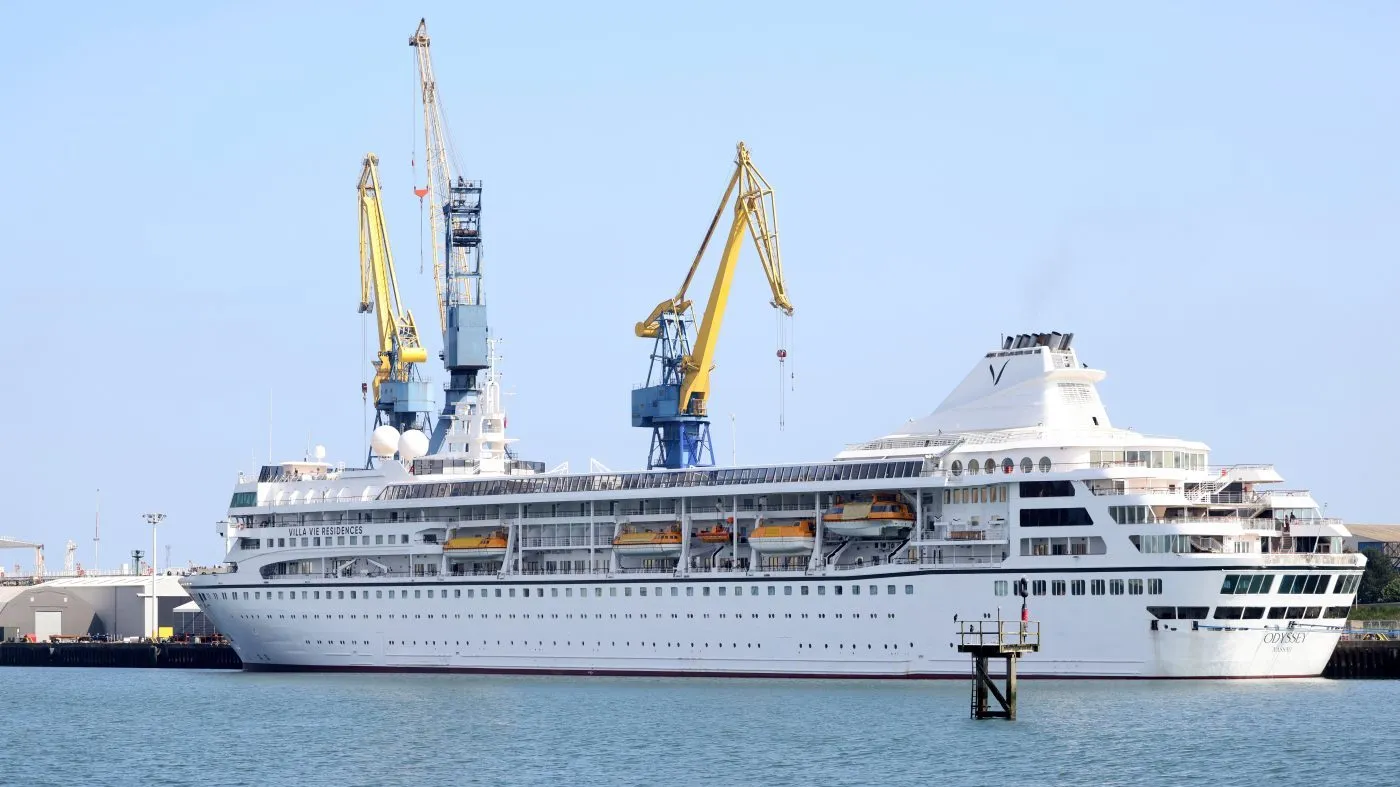 The Odyssey, a U.S. cruise liner operated by Villa Vie Residences, is docked at Harland & Wolf ship repair facility in Belfast Harbour, Northern Ireland, on Aug. 30, 2024.