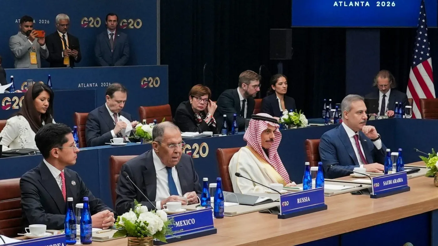 Mexico’s Foreign Minister Roberto Velasco, Russia’s Foreign Minister Sergei Lavrov, Saudi Arabia’s Foreign Minister Faisal bin Farhan, Turkey’s Foreign Minister Hakan Fidan attend the Group of 20 Foreign Ministers’ Meeting in Atlanta, Oct. 30, 2026.