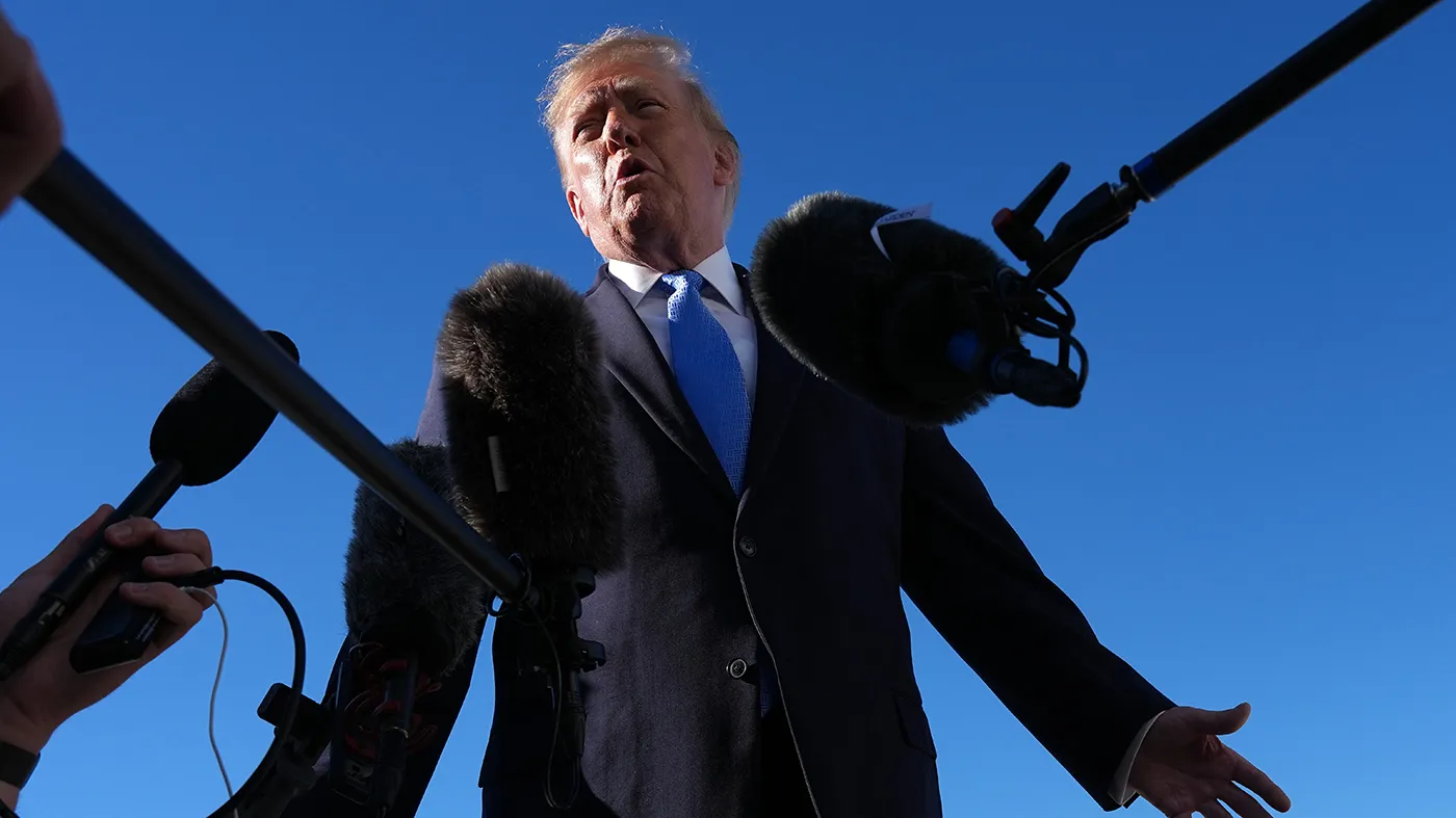 President Trump talks to reporters before boarding Air Force One, at Joint Base Andrews, Md., on Oct. 26, 2026, en route to a campaign rally in Mississippi.