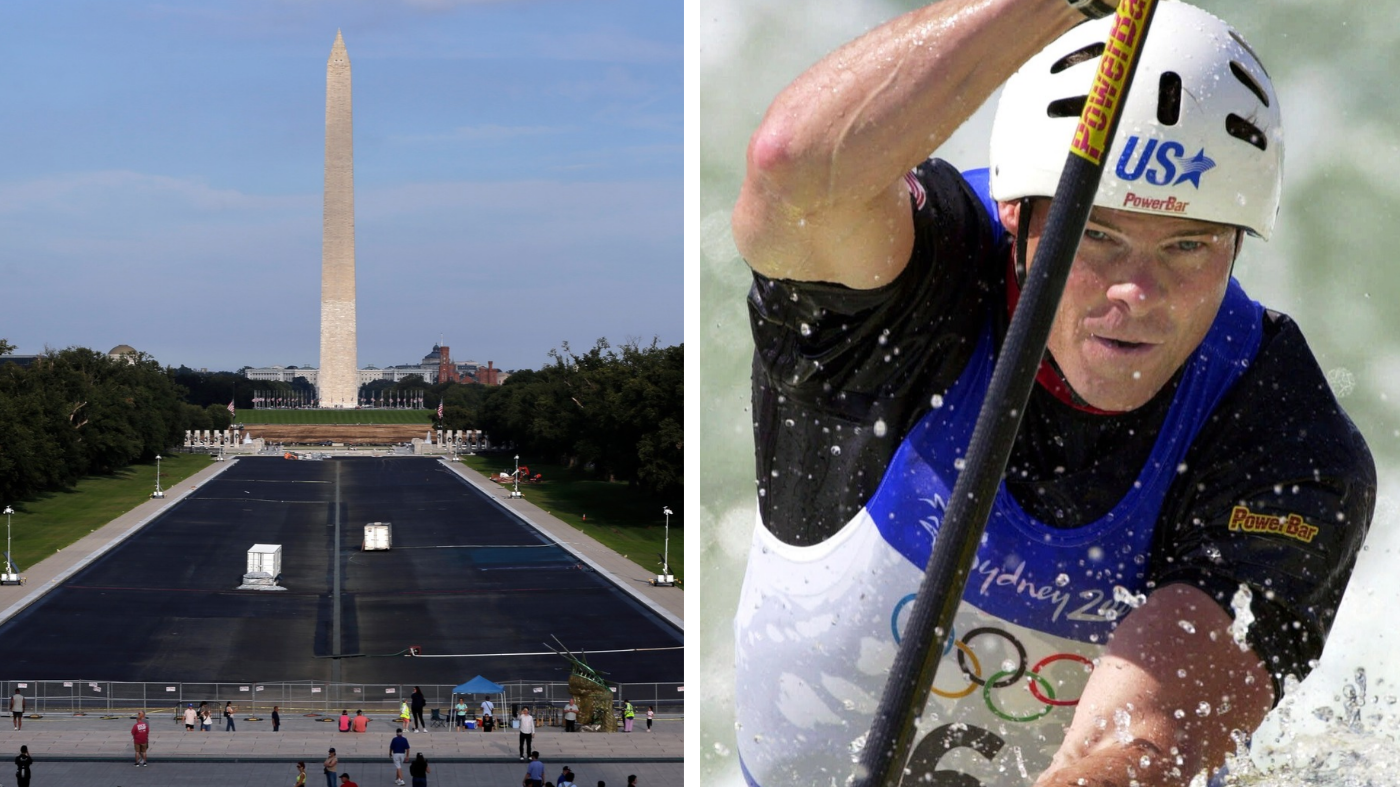 Left: Lincoln Memorial Reflecting Pool. Right: David Hearn, of Bethesda, Md., makes his way through the C1 slalom course, Sept. 17, 2000, at Whitewater Stadium in Penrith, Australia. (AP Photo/Rahmat Gul/Koji Sasahara, File)
