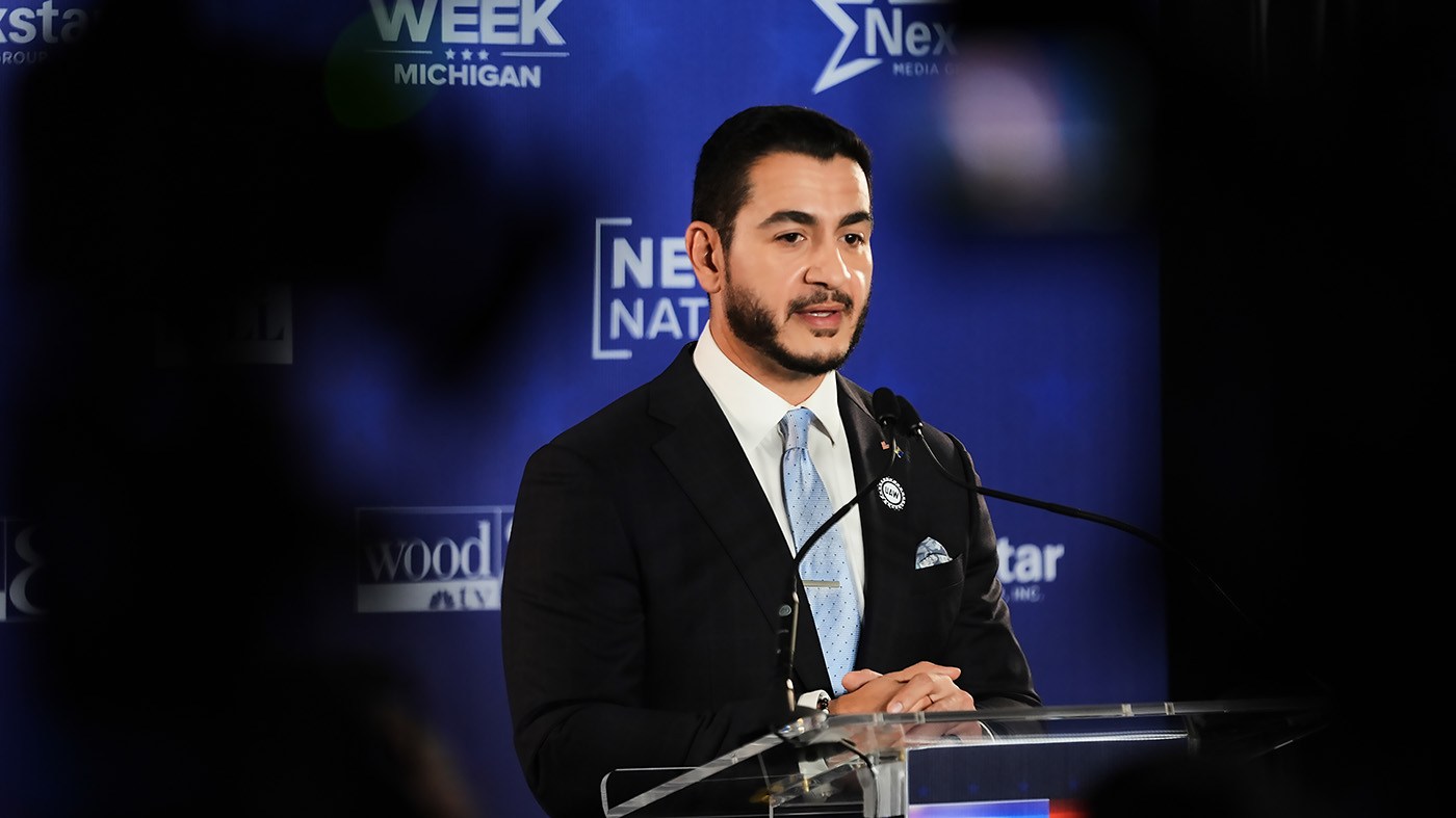 Democratic Michigan Senate candidate Abdul El-Sayed talks to the media after a televised debate with his Republican opponent Mike Rogers at WOOD-TV on Oct. 8, 2026, in Grand Rapids, Mich.