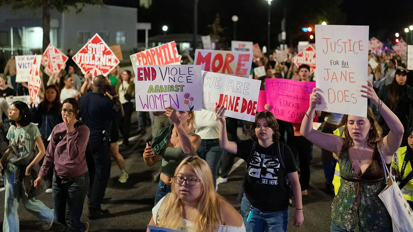 Demonstrators march from the Washington Monument to the White House during a “Stop Sexual Violence” protest in Washington, Oct. 8, 2026. (Jose Luis Magana, Associated Press)