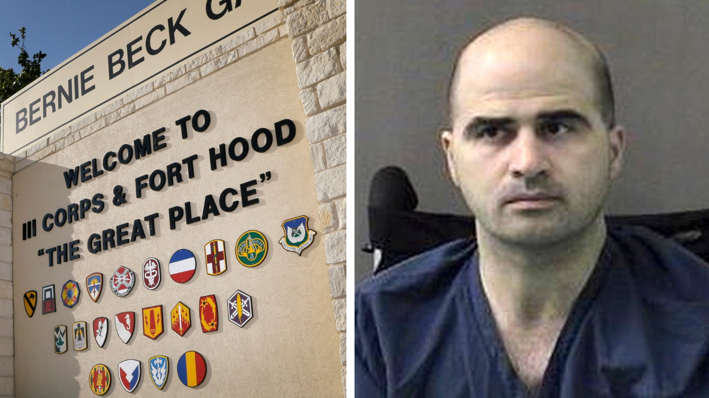 (Left) The back gate of Fort Hood in Texas. (Right) Former Army Major Nidal Hasan, who was convicted of killing 13 people in the 2009 Fort Hood shooting on November 5, 2009. (AP Photo/Tony Gutierrez/Bell County Sheriffs Department, File)