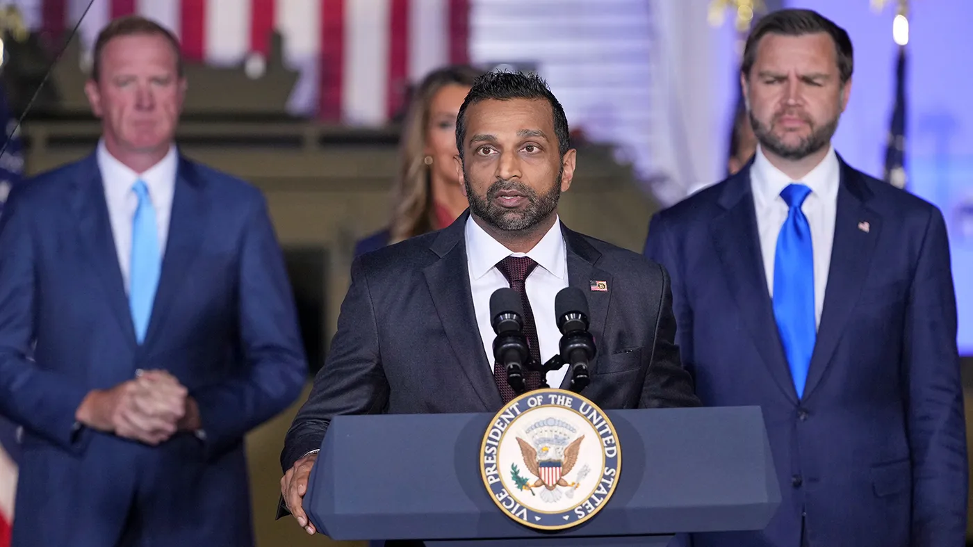 FBI Director Kash Patel speaks as Sen. Eric Schmitt (R-Mo.) left and Vice President Vance listen during an event at the FBI Field Office in Kansas City, Mo., Sept. 14, 2026.