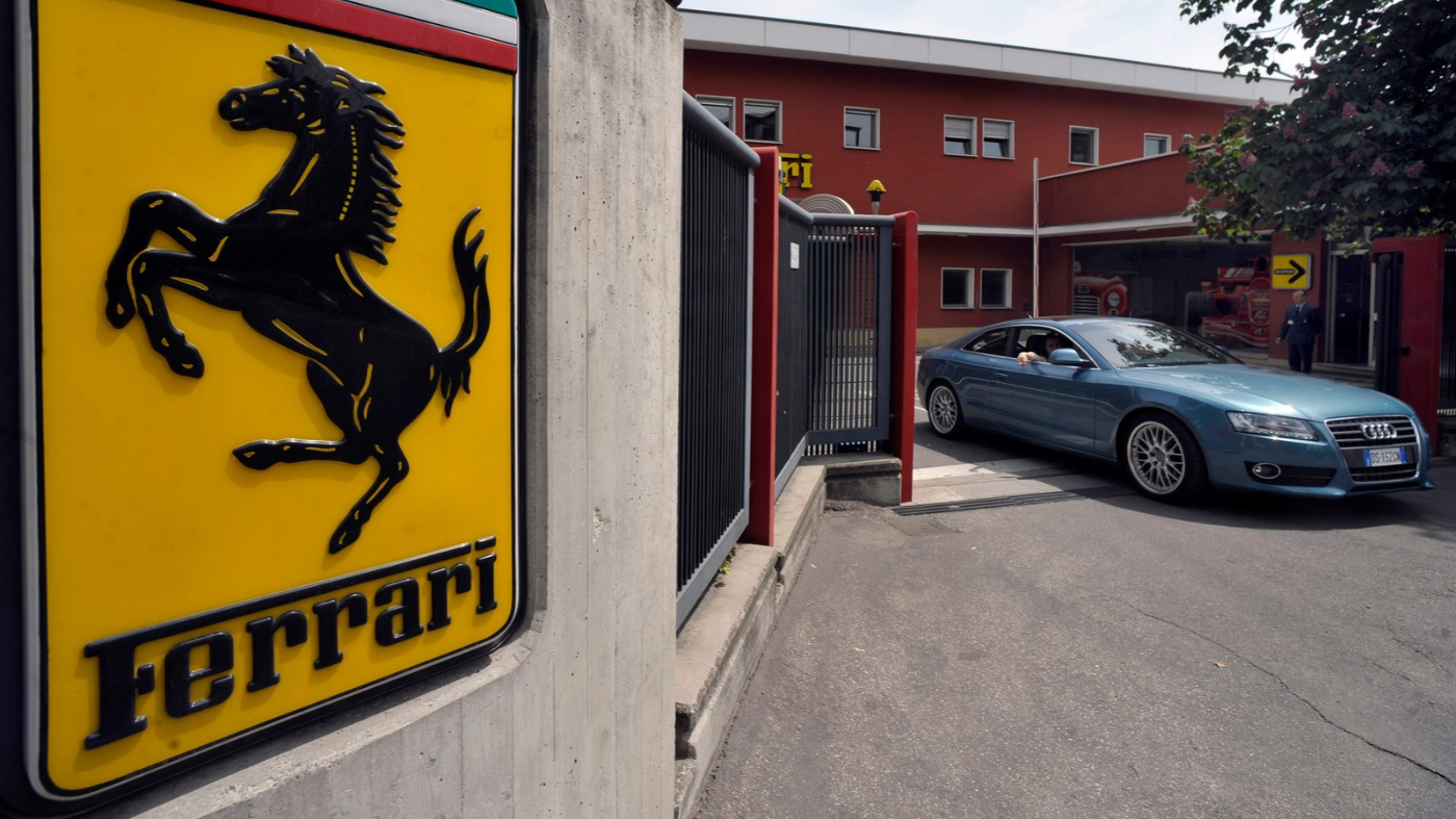 A car leaves the Ferrari factory in Fiorano, near Modena, Italy.