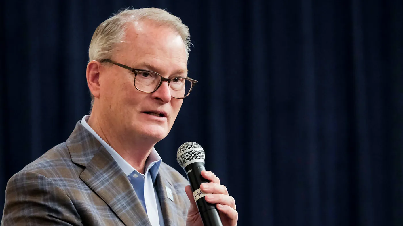 Adam Hamilton, Democratic Senate candidate for Kansas, speaks during a campaign event in Lenexa, Kansas, on Oct. 4, 2026.