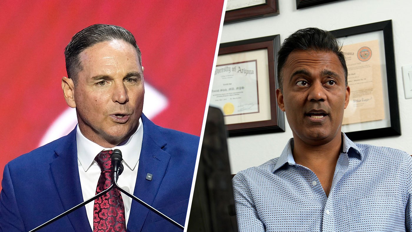 Former Arizona Cardinals NFL football kicker Jay Feely, who is running as a Republican in Arizona’s 1st Congressional District primary, left; and Democratic candidate for Arizona’s 1st Congressional Dr. Amish Shah