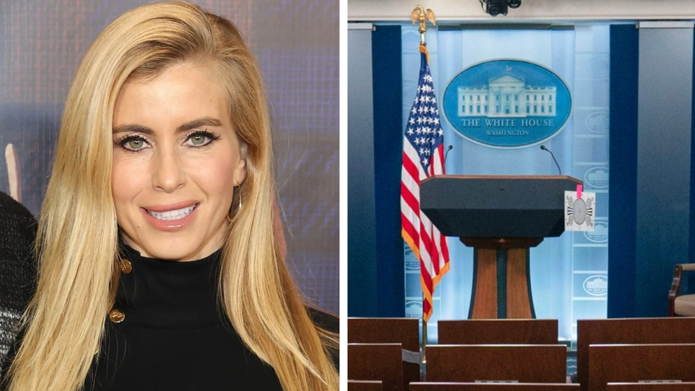 Katie Zacharia on December 14, 2025 in Franklin, Tenn (left). The White House press briefing room (right). (Terry Wyatt/Getty Images for 2521 Entertainment and Angel Studios/AP Photo/Jose Luis Magana)
