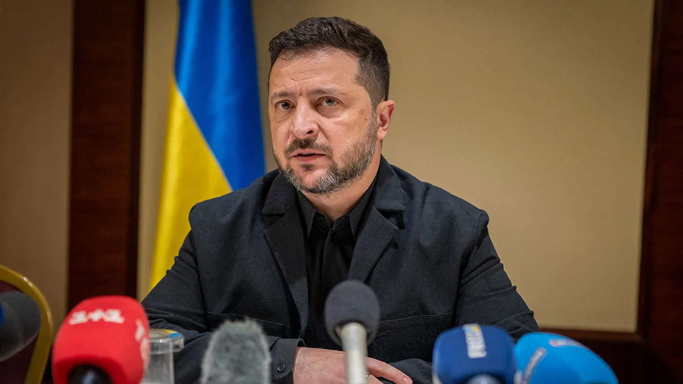 Ukrainian President Volodymyr Zelensky speaks to the media after a German-Ukrainian business forum in Kyiv, Ukraine, on Oct. 4, 2026.