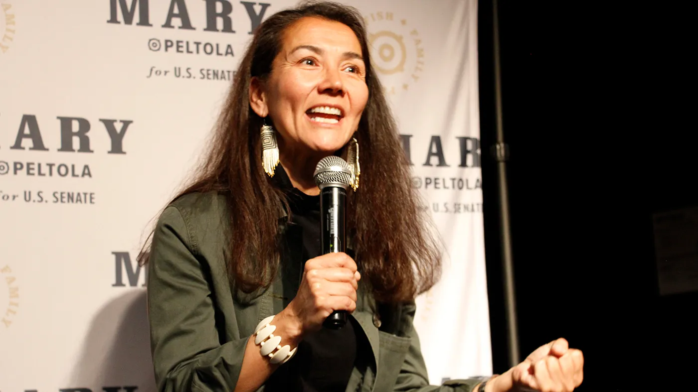 Mary Peltola, a Democrat running for the U.S. Senate seat in Alaska, addresses supporters at an election watch party Tuesday, Aug. 18, 2026, in Anchorage, Alaska.