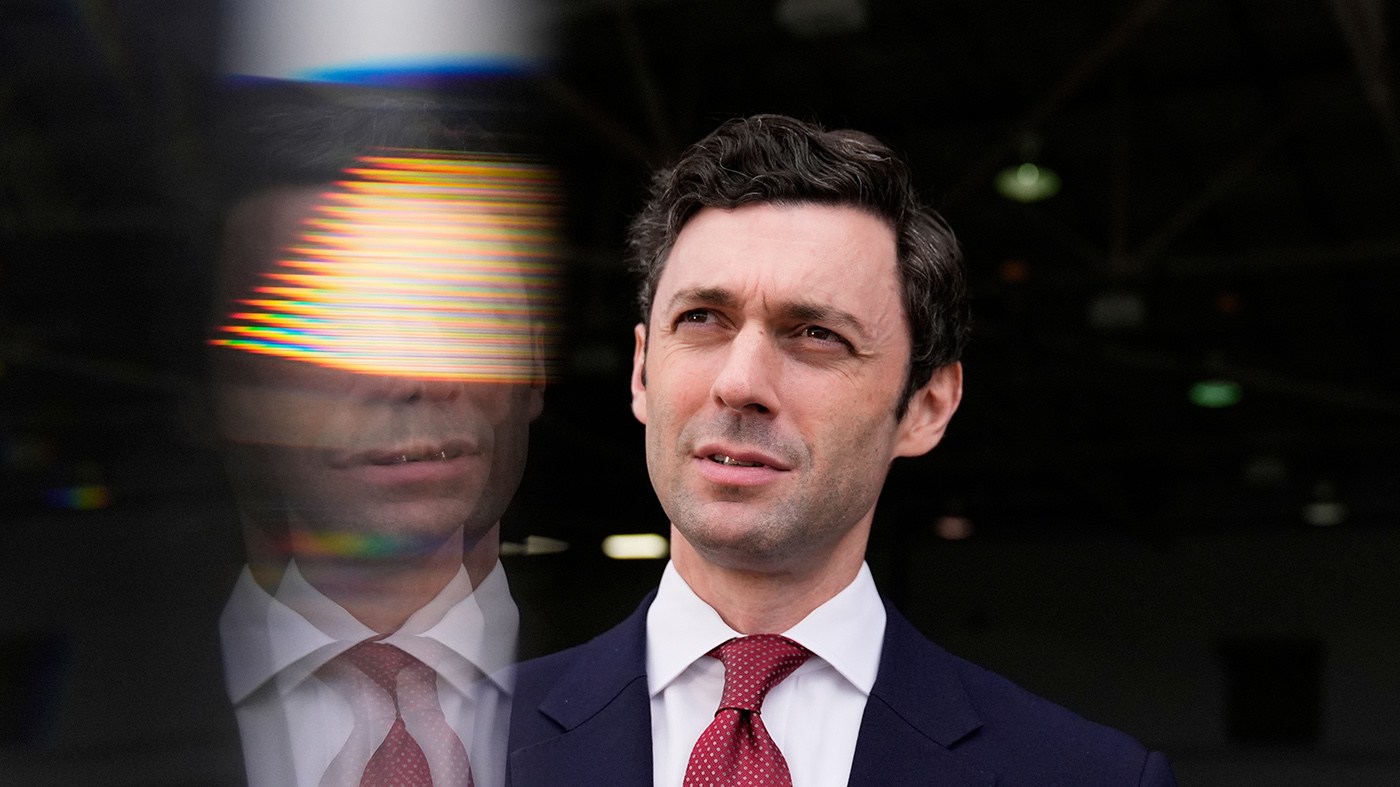 Sen. Jon Ossoff (D-Ga.) speaks during an interview at Dobbins Air Reserve Base, April 26, 2025, in Marietta, Ga.