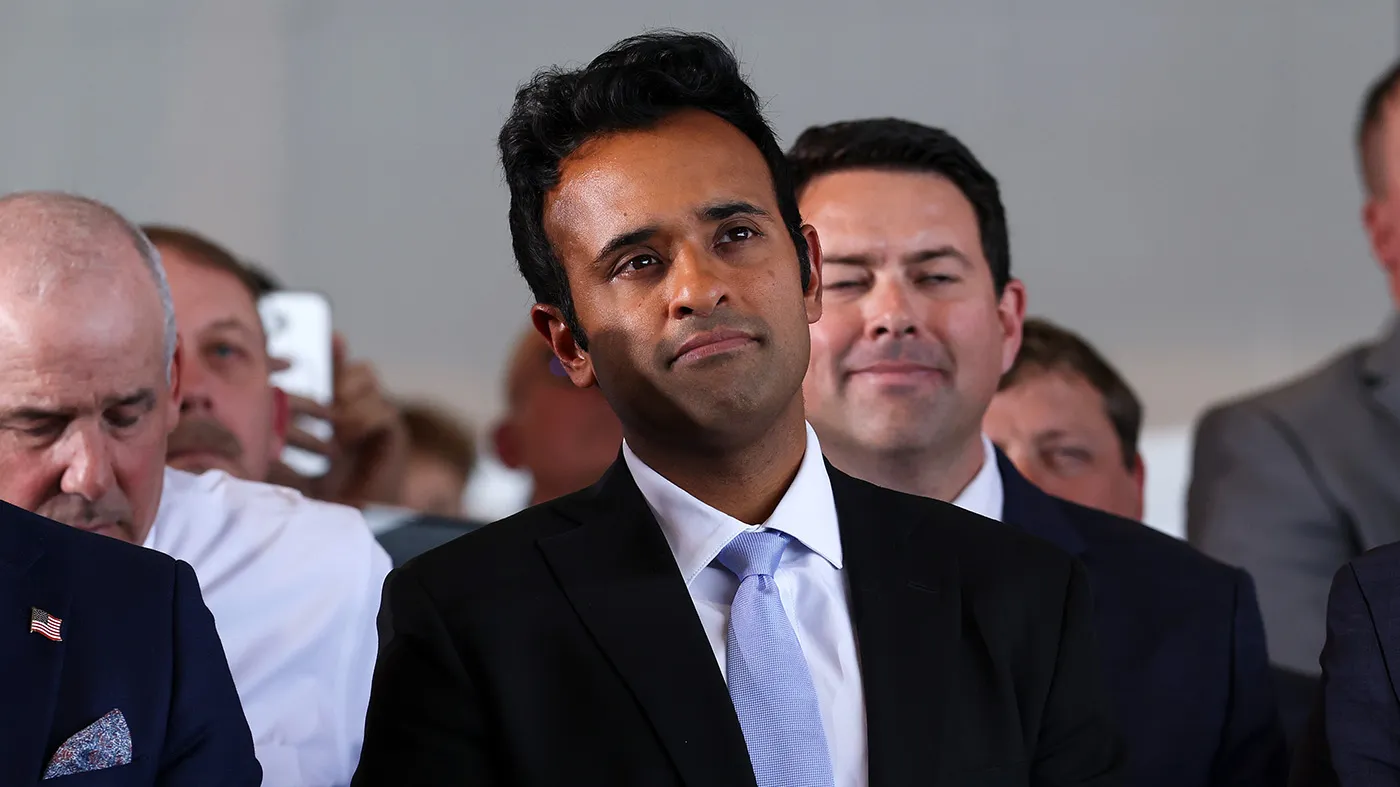 Ohio Republican gubernatorial candidate Vivek Ramaswamy listens as Vice President Vance speaks at a rally at the Allen County Regional Airport, Oct. 9, 2026 in Lima, Ohio.