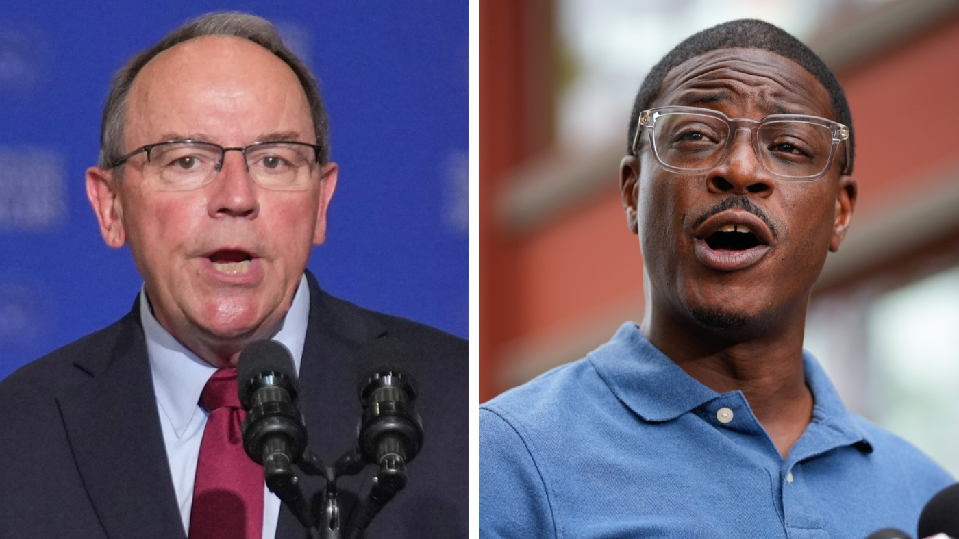 Rep. Tom Tiffany (R-Wis.), left, and Wisconsin gubernatorial candidate David Crowley (D)