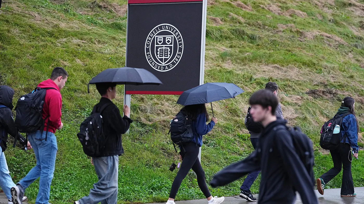 Students walk across the campus of Cornell University in Ithaca, N.Y., Oct. 1, 2026. (Matt Rourke, Associated Press)