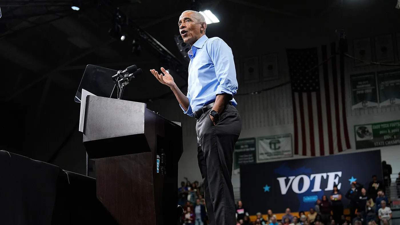 Former President Obama speaks during a campaign event at Cass Technical High School on Oct. 24, 2026, in Detroit. (Paul Sancya, Associated Press)