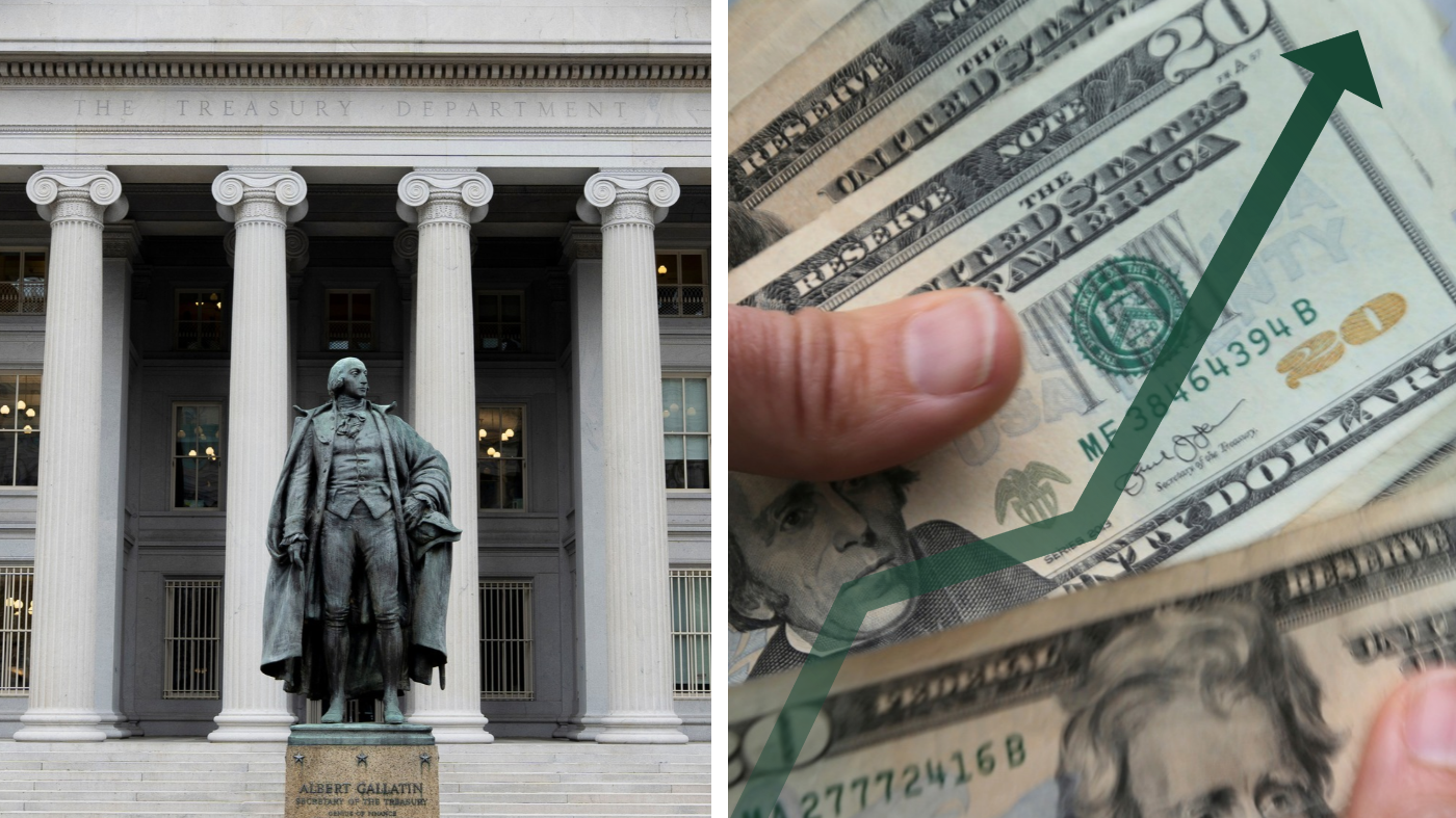 U.S. Department of the Treasury in Washington, D.C. (left). Person holding money from an ATM (right). (AP Photo/Alex Brandon/Elise Amendola, File/Photo Illustration)
