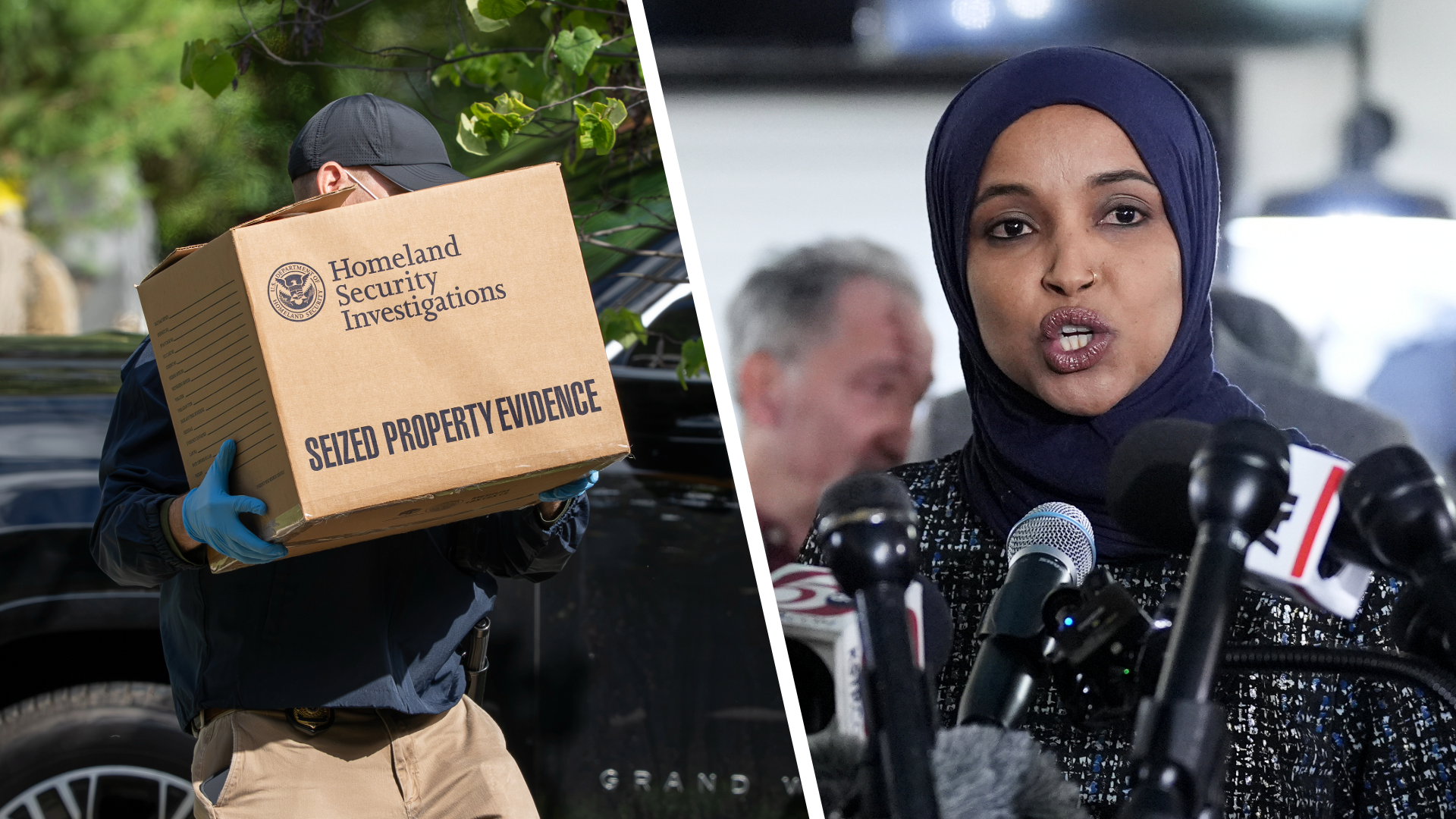 Homeland Security officers carry boxes from the Washington residence of Rep. Ilhan Omar, D-Minn., Monday, Oct. 12, 2026, during a search. (AP Photo/Adam Gray, File; J. Scott Applewhite)