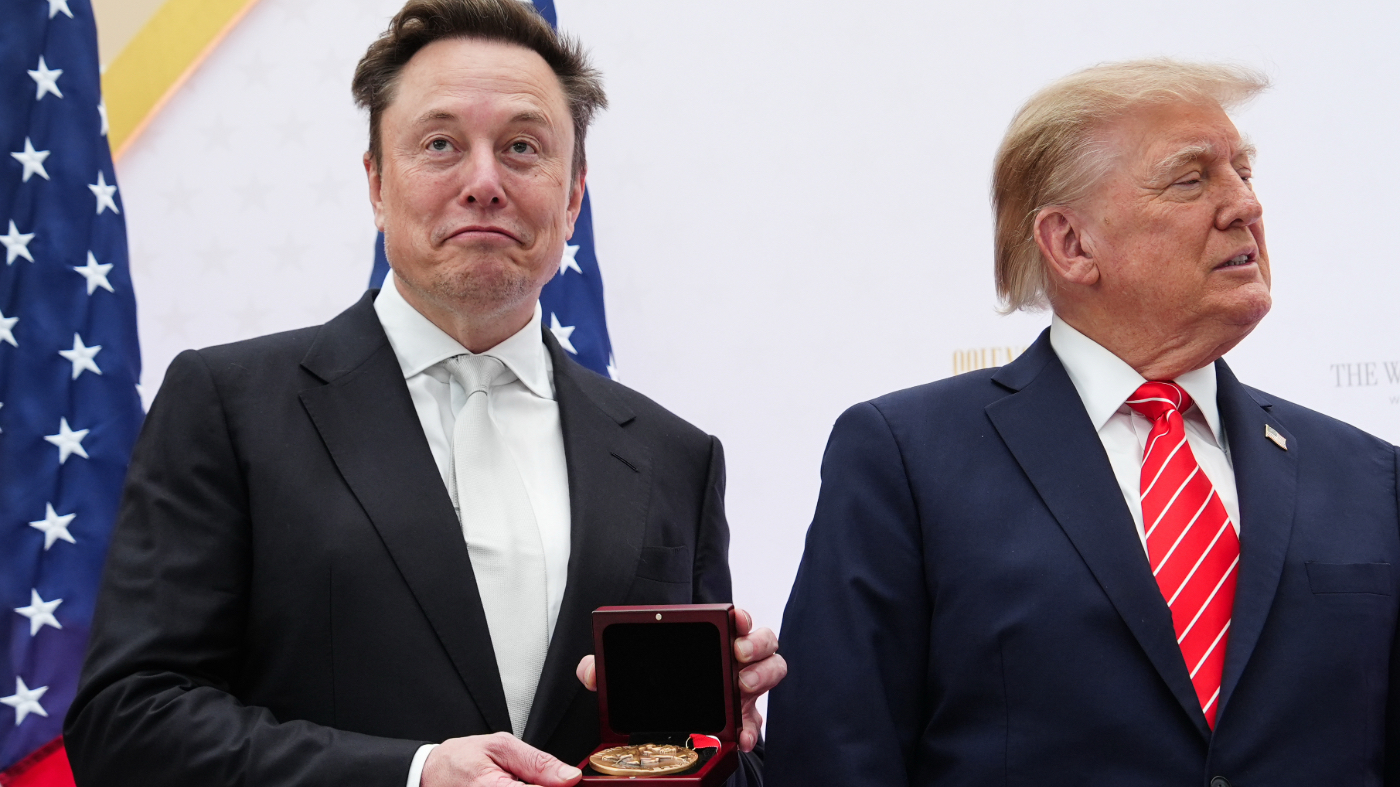 President Donald Trump, right, presents the National Medal of Science to Elon Musk at the U.S. Institute of Peace, Thursday, Oct. 8, 2026, in Washington. (AP Photo/Julia Demaree Nikhinson)