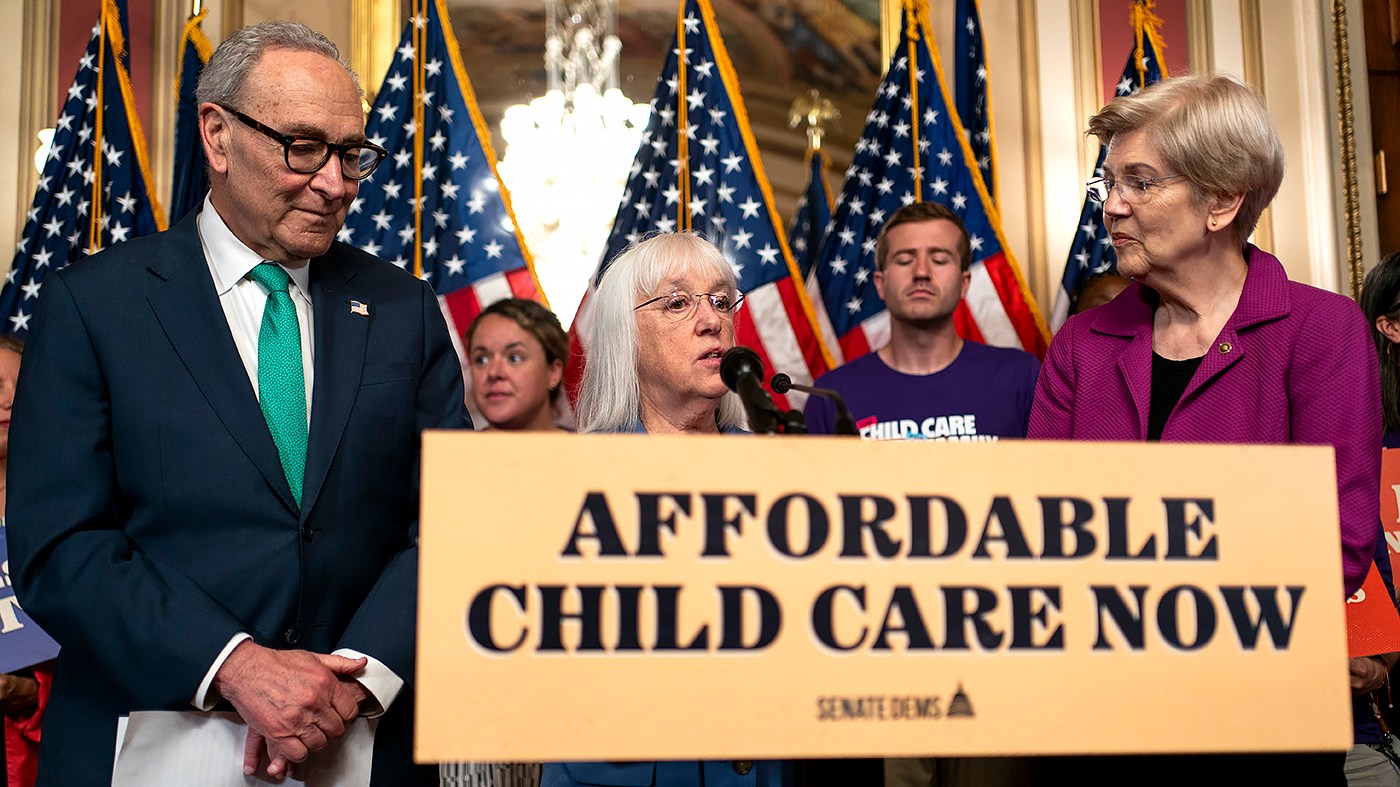 Sen. Patty Murray (D-Wash.) addresses reporters during a press conference to discuss the Democrats plan on expanding childcare access on June 17, 2026.