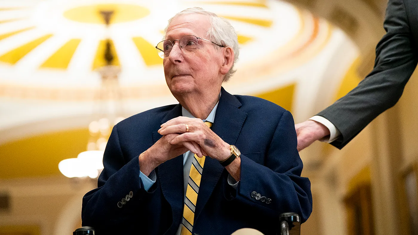 Sen. Mitch McConnell (R-Ky.) gives a brief statement as he arrives to the Capitol in Washington, D.C., on Sept. 14, 2026, for a procedural vote regarding a nomination.