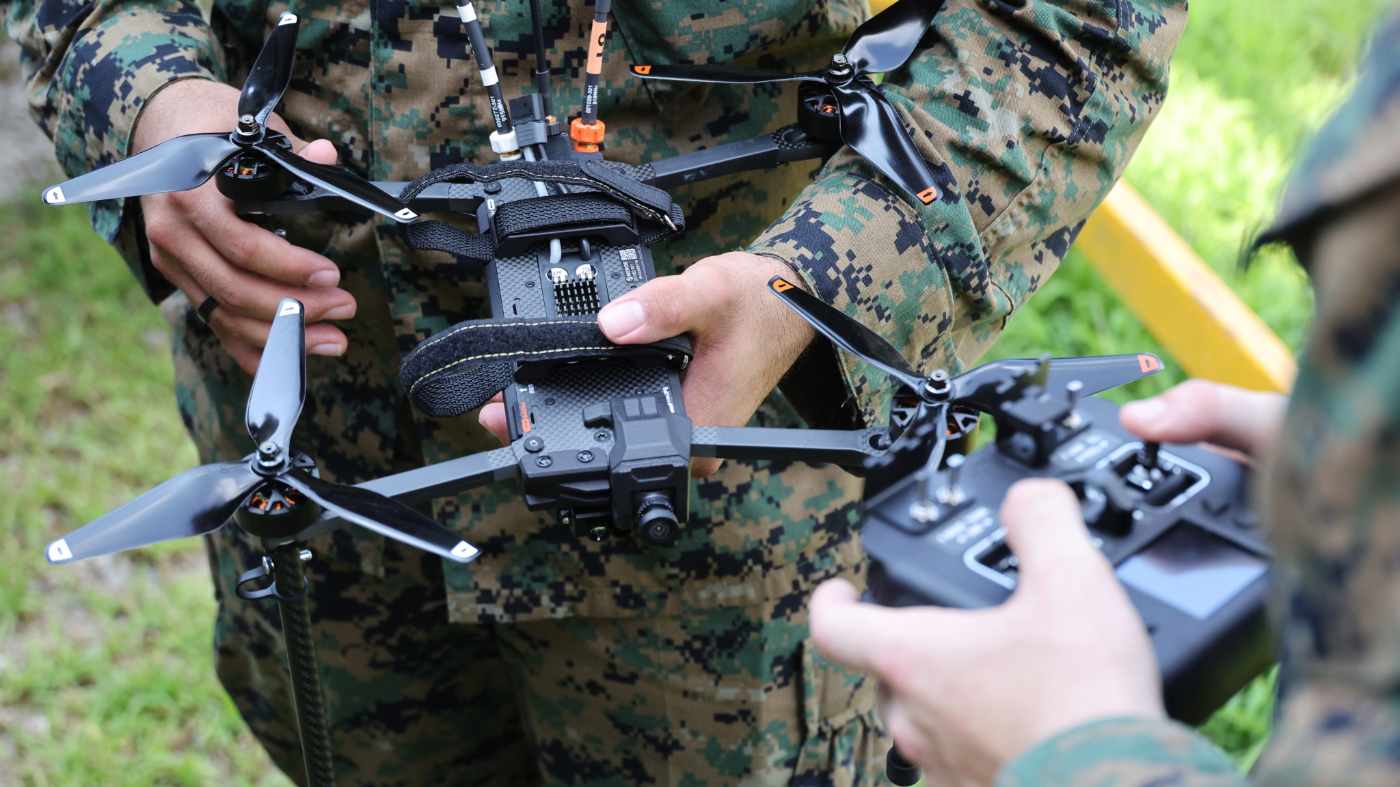 The Neros Archer, a first-person view attack drone operated by U.S. Marine Corps is seen during the first-ever live-fire demonstration of an FPV (First-Person View) attack drone in Pocheon, South Korea, Aug. 5, 2026. (Kim Hong-Ji/Pool Photo via AP)