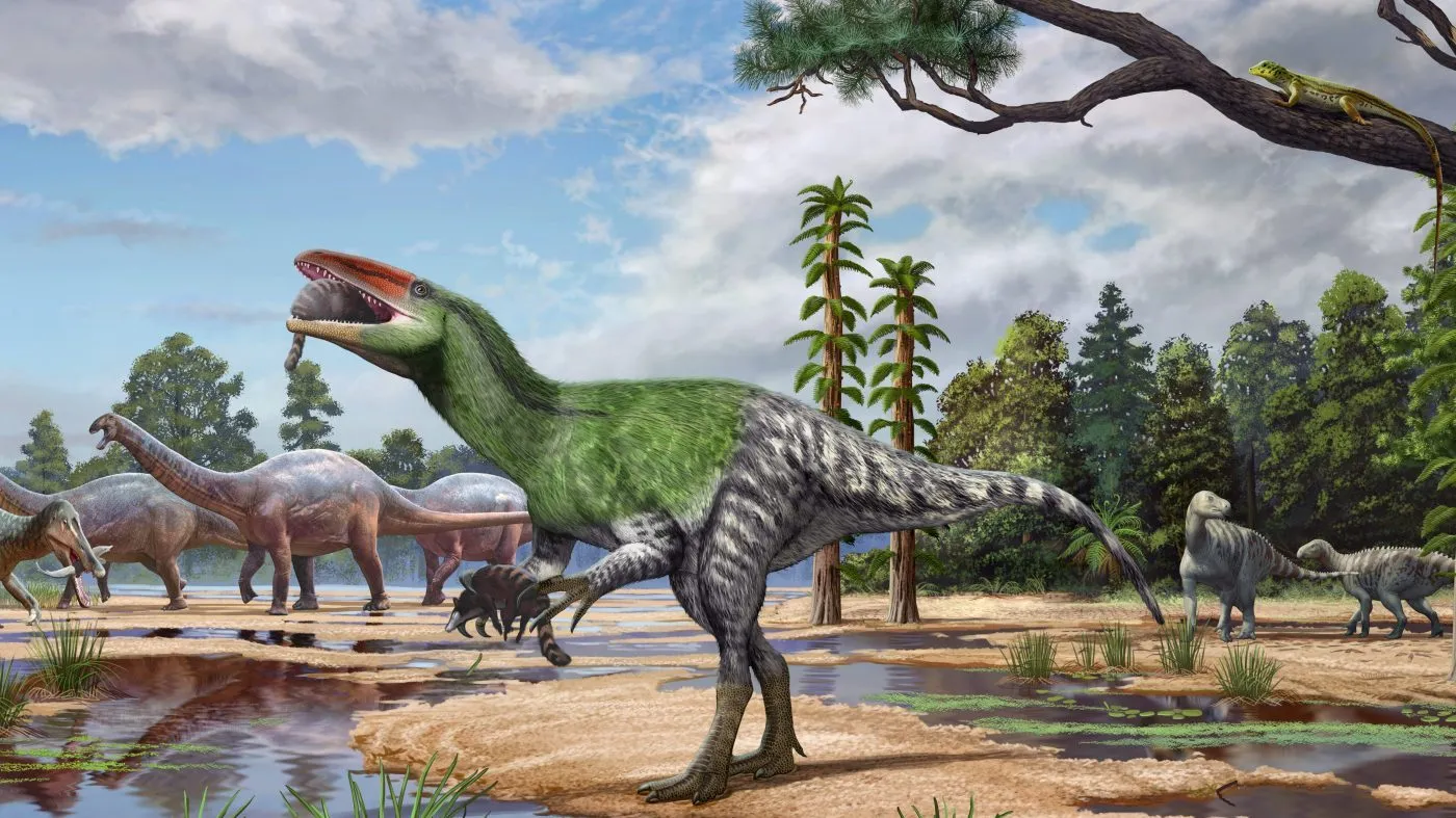 An artist’s illustration of the new theropod dinosaur, Invictibellatrix amberina (centre of the image). (Credit: Sergey Krasovskiy and Pedro Salas)