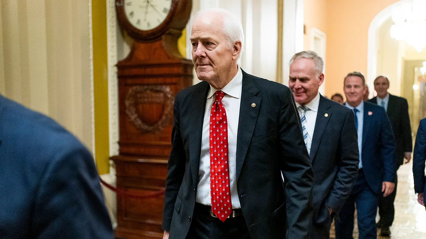 Sen. John Cornyn (R-Texas) heads into the Senate Chamber for the confirmation vote for Jay Clayton to be director of National Intelligence on July 28, 2026.