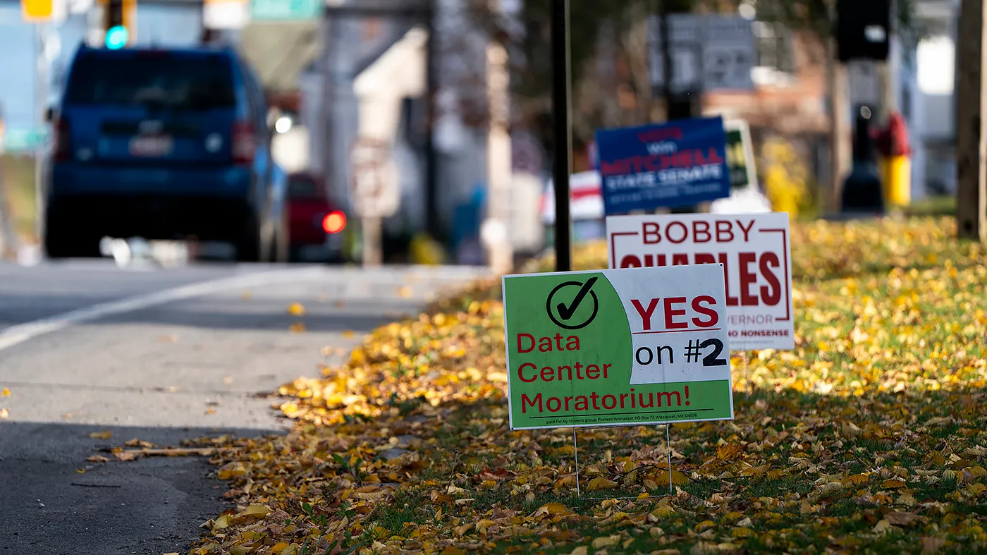 A sign in support of Question #2 regarding a temporary moratorium on data centers is seen in Wiscasset, Maine, on Friday, October 30, 2026.