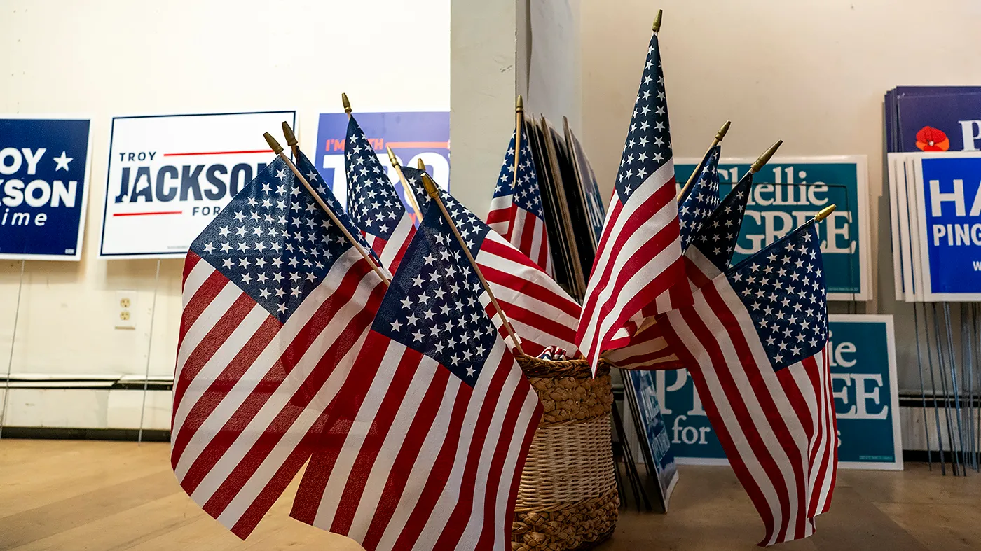 American flags are seen at the Brunswick Democratic Town Committee in Brunswick, Maine, following a canvass launch at attended by Democratic Maine Senate candidate Troy Jackson at the Brunswick Democratic Town Committee on Oct. 28, 2026.