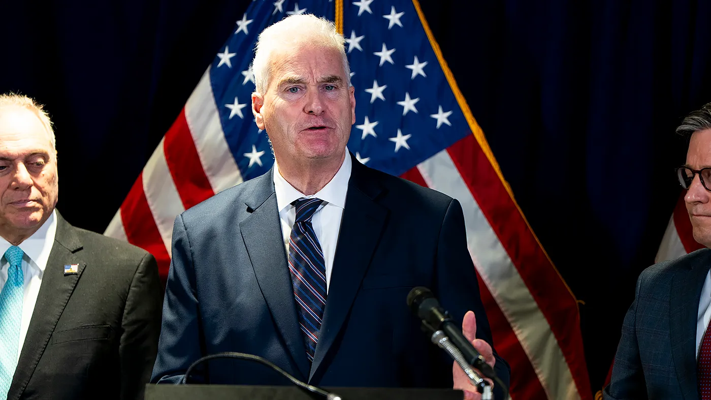 Majority Whip Tom Emmer (R-Minn.) speaks to reporters at the Republican National Committee in Washington, D.C., following a House Republican Conference meeting on Sept. 15, 2026.