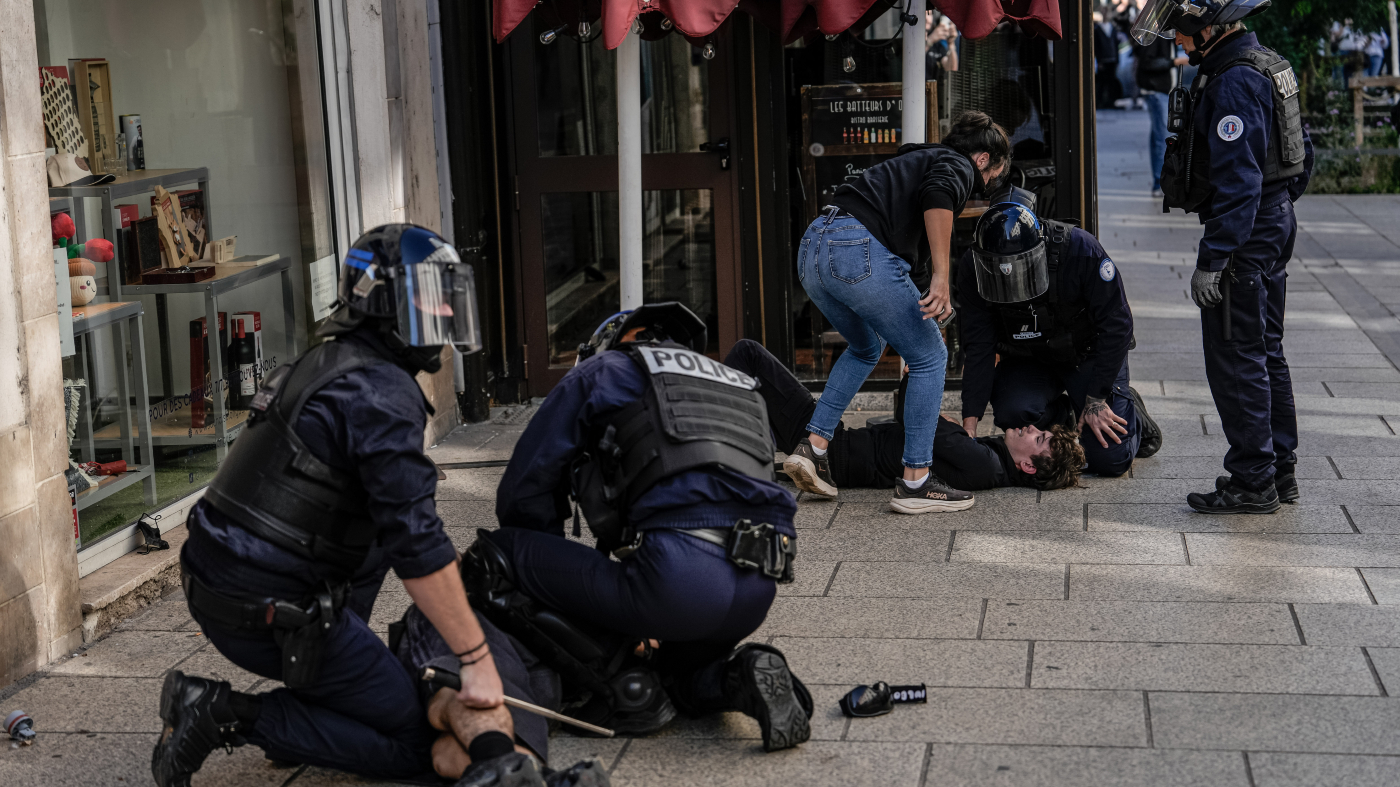 Police officers clash with high school students during a protest against education conditions that have disrupted classes across the country in Nancy, France on Oct. 5, 2026. Demonstrators pushed for expanded resources, improved school maintenance, smaller class sizes, and strategies to tackle staffing shortages. The countrywide action disrupted learning at roughly 400 to 500 high schools, which experienced full or partial class suspensions.