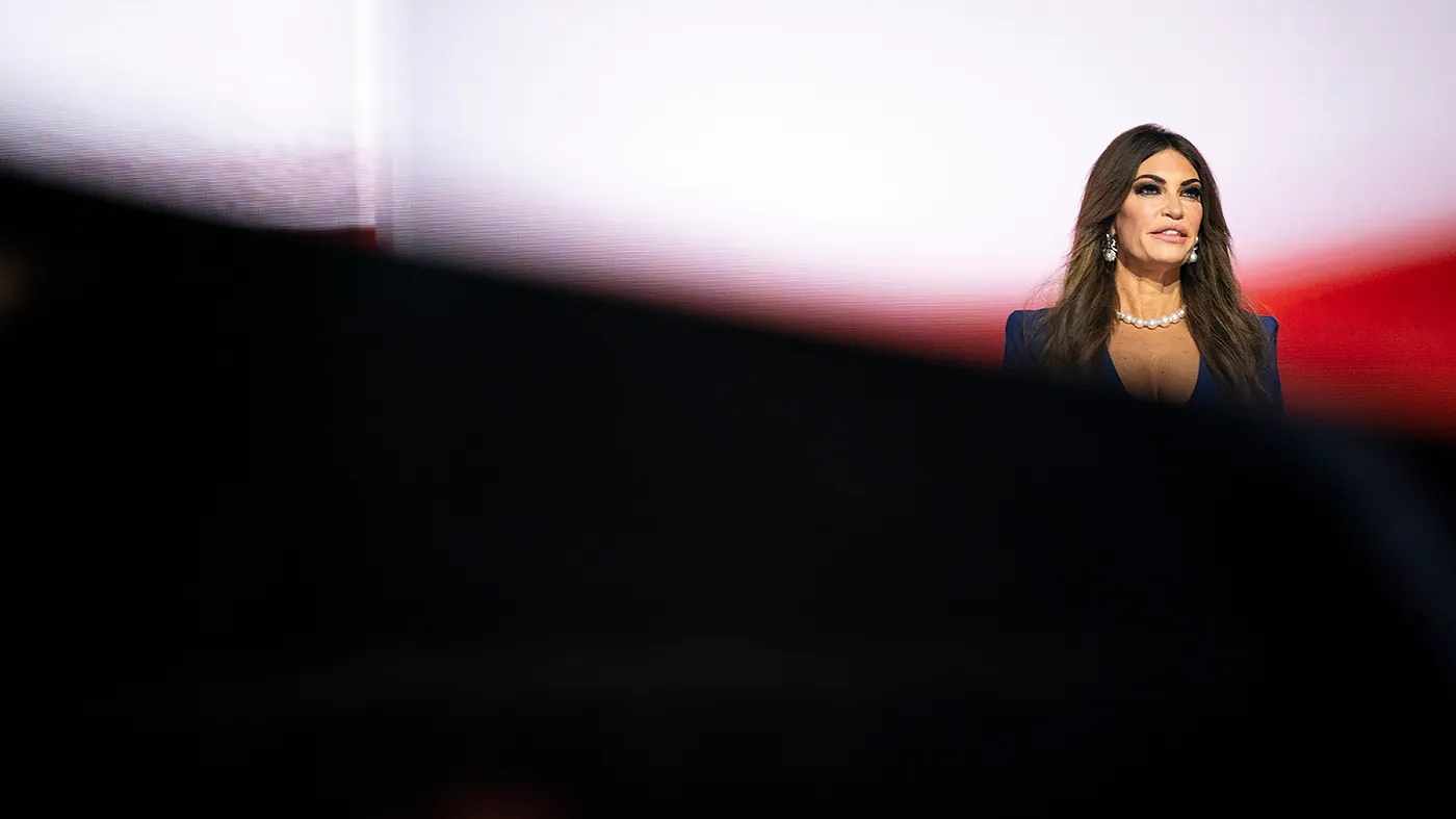 Kimberly Guilfoyle conducts a walk-through of the stage for the Republican National Convention at the Fiserv Forum in Milwaukee, Wis., on Tuesday, July 16, 2024.