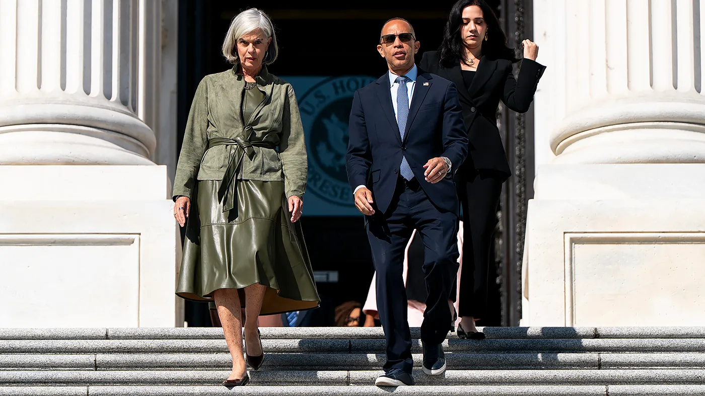 Minority Whip Katherine Clark (D-Mass.) and Minority Leader Hakeem Jeffries (D-N.Y.) arrive for a press event with House Democrats outside the U.S. Capitol in Washington, D.C., to discuss affordability on Wednesday, September 16, 2026.