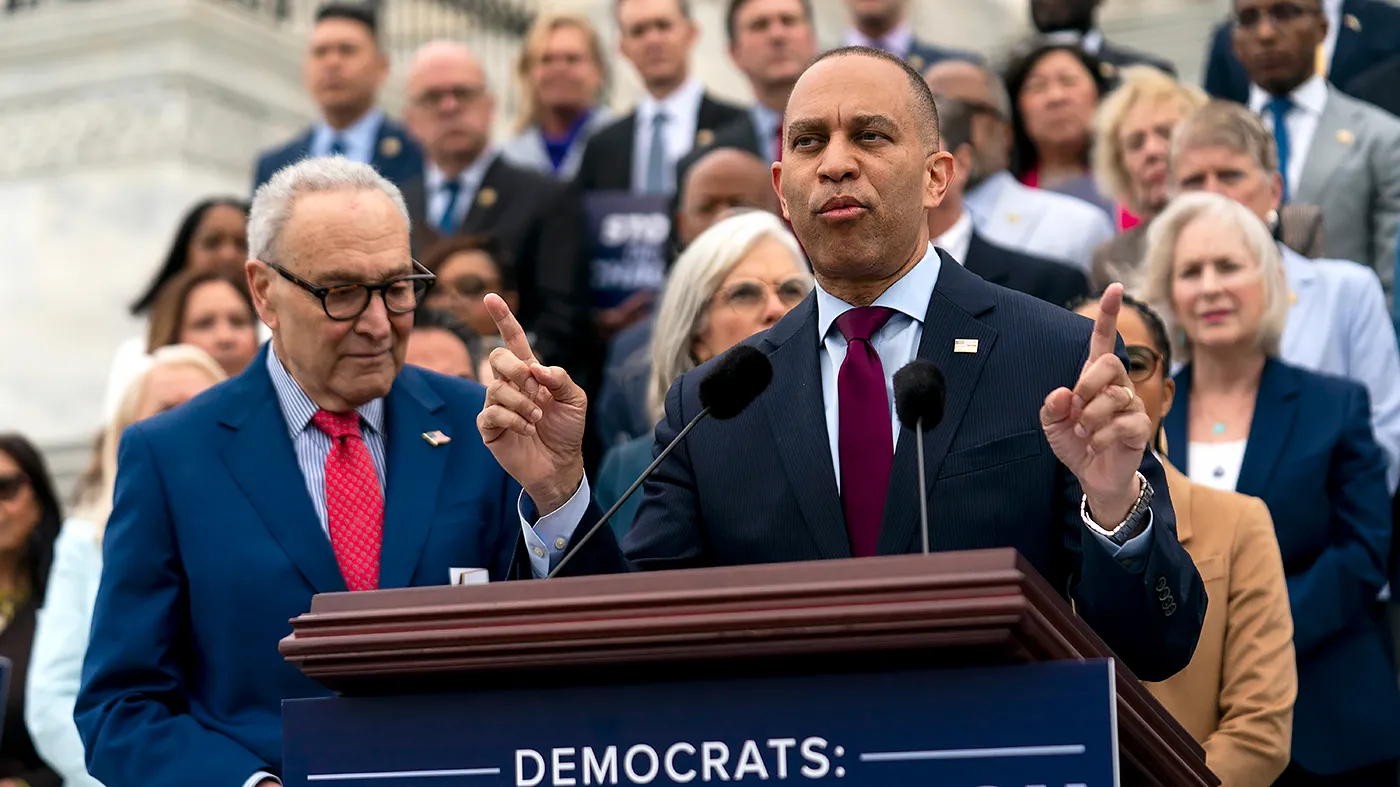House Minority Leader Hakeem Jeffries (D-N.Y.) speaks during a press event with House and Senate Democrats to discuss the Republicans’ budget proposals outside the Senate Chamber on May 21, 2026.