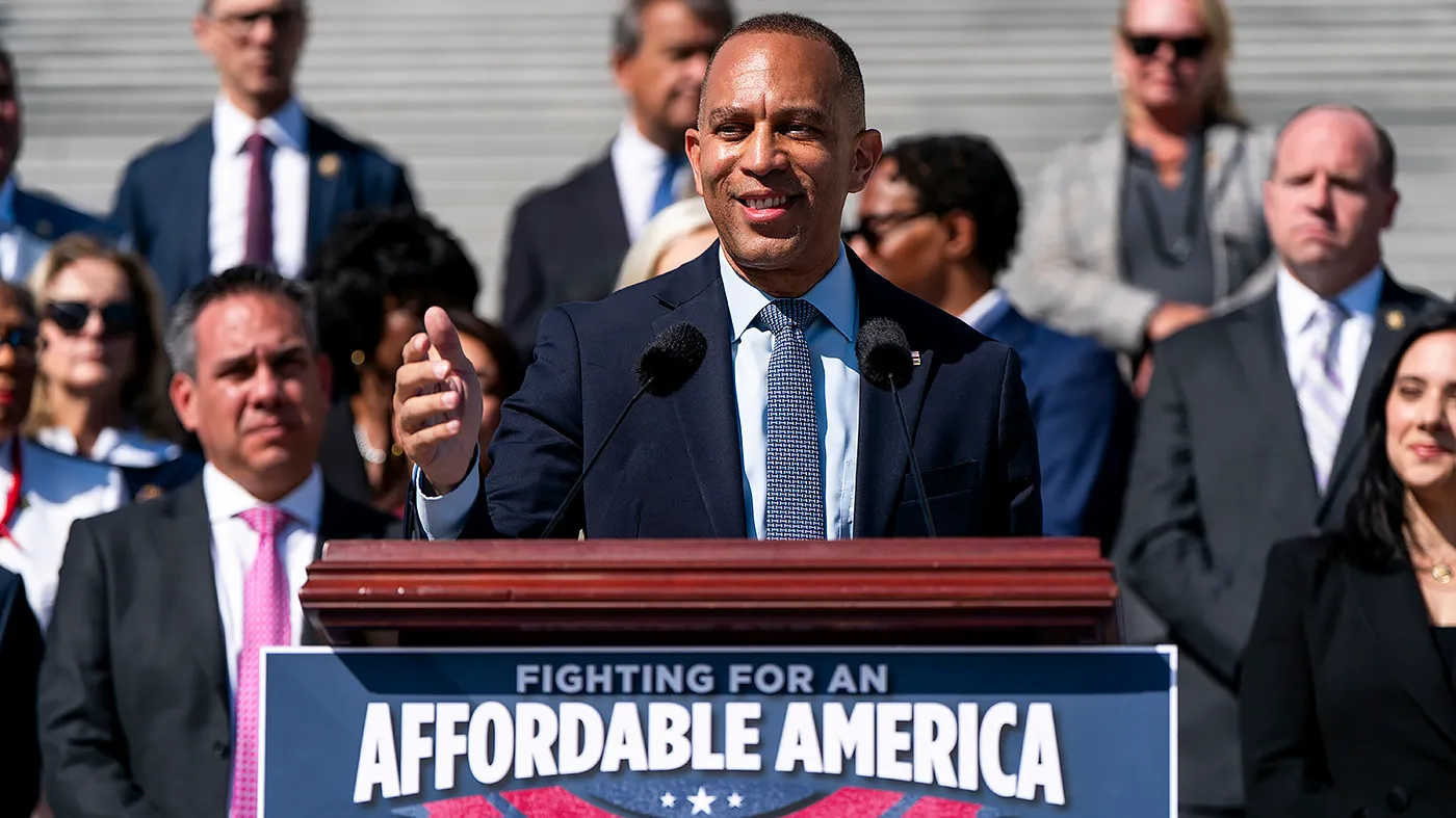 Minority Leader Hakeem Jeffries (D-N.Y.) addresses reporters outside the U.S. Capitol in Washington, D.C., during a press event to discuss affordability on Wednesday, September 16, 2026.