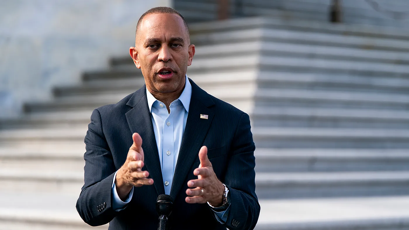 House Minority Leader Hakeem Jeffries (D-N.Y.) addresses reporters outside the U.S. Capitol in Washington, D.C., on Sept. 30, 2026.
