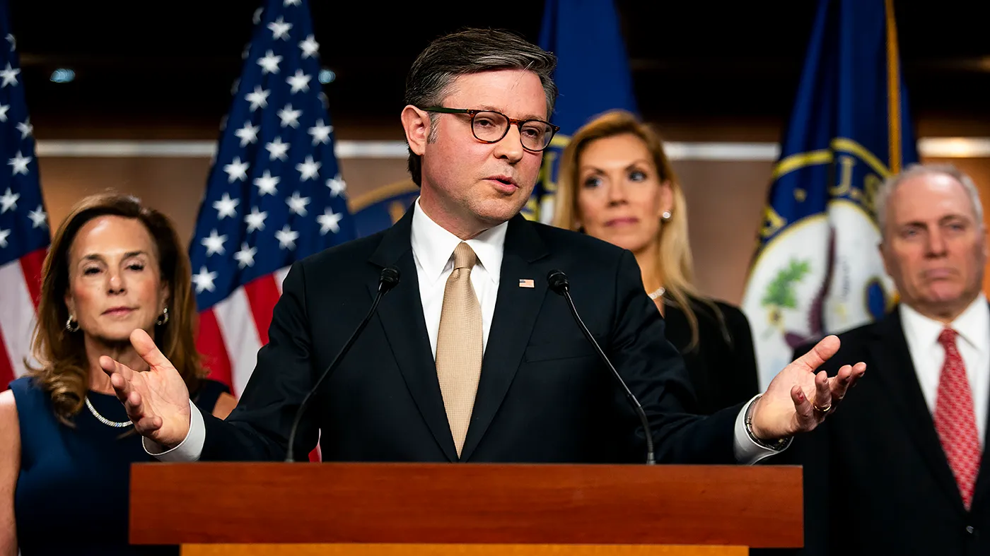 Speaker Mike Johnson (R-La.) answers questions from reporters after a closed-door House Republican conference meeting on June 30, 2026.
