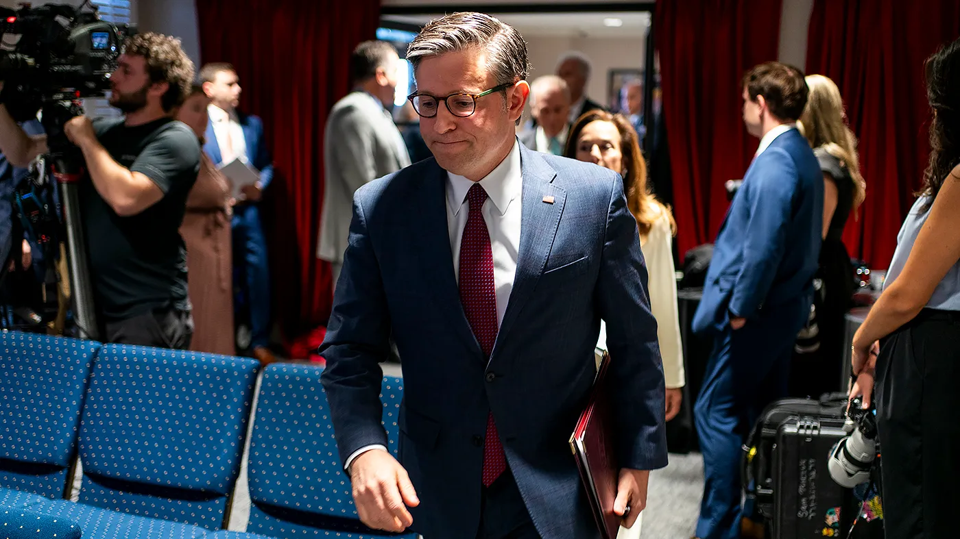 Speaker Mike Johnson (R-La.) arrives to address reporters at the Republican National Committee in Washington, D.C., following a House Republican Conference meeting on Tuesday, September 15, 2026.