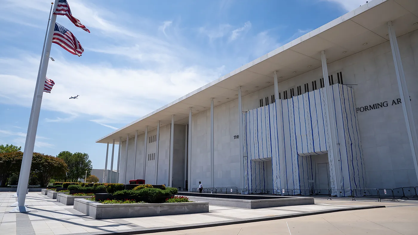 The Kennedy Center is adorned with scaffolding to cover the name of the building while a dispute over the renaming of the building is ongoing in Washington, D.C., on Aug. 26, 2026.