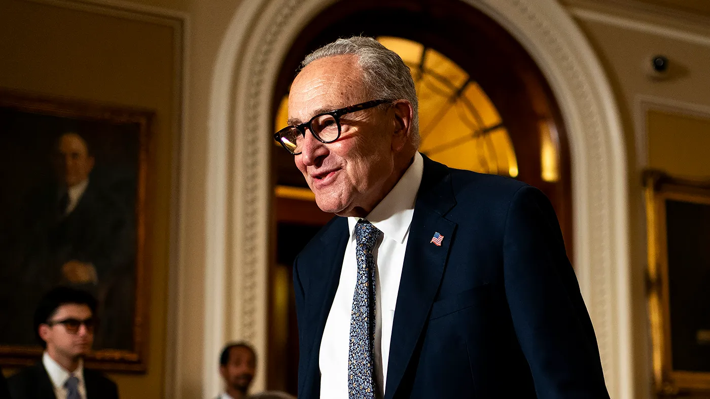 Senate Minority Leader Chuck Schumer (D-N.Y.) arrives for a press conference after the weekly policy luncheon on Sept. 15, 2026.