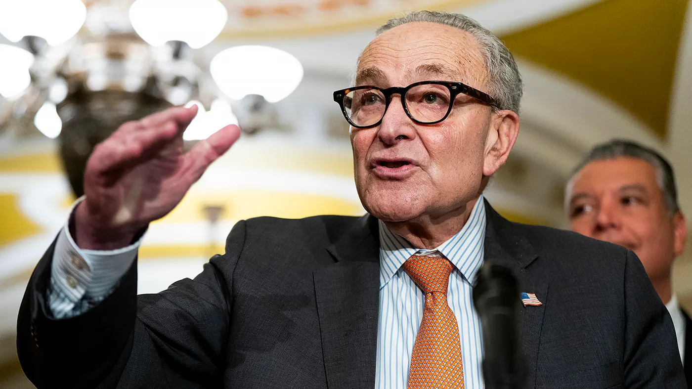 Senate Minority Leader Chuck Schumer (D-N.Y.) addresses reporters following the weekly policy luncheon on Sept. 29, 2026.