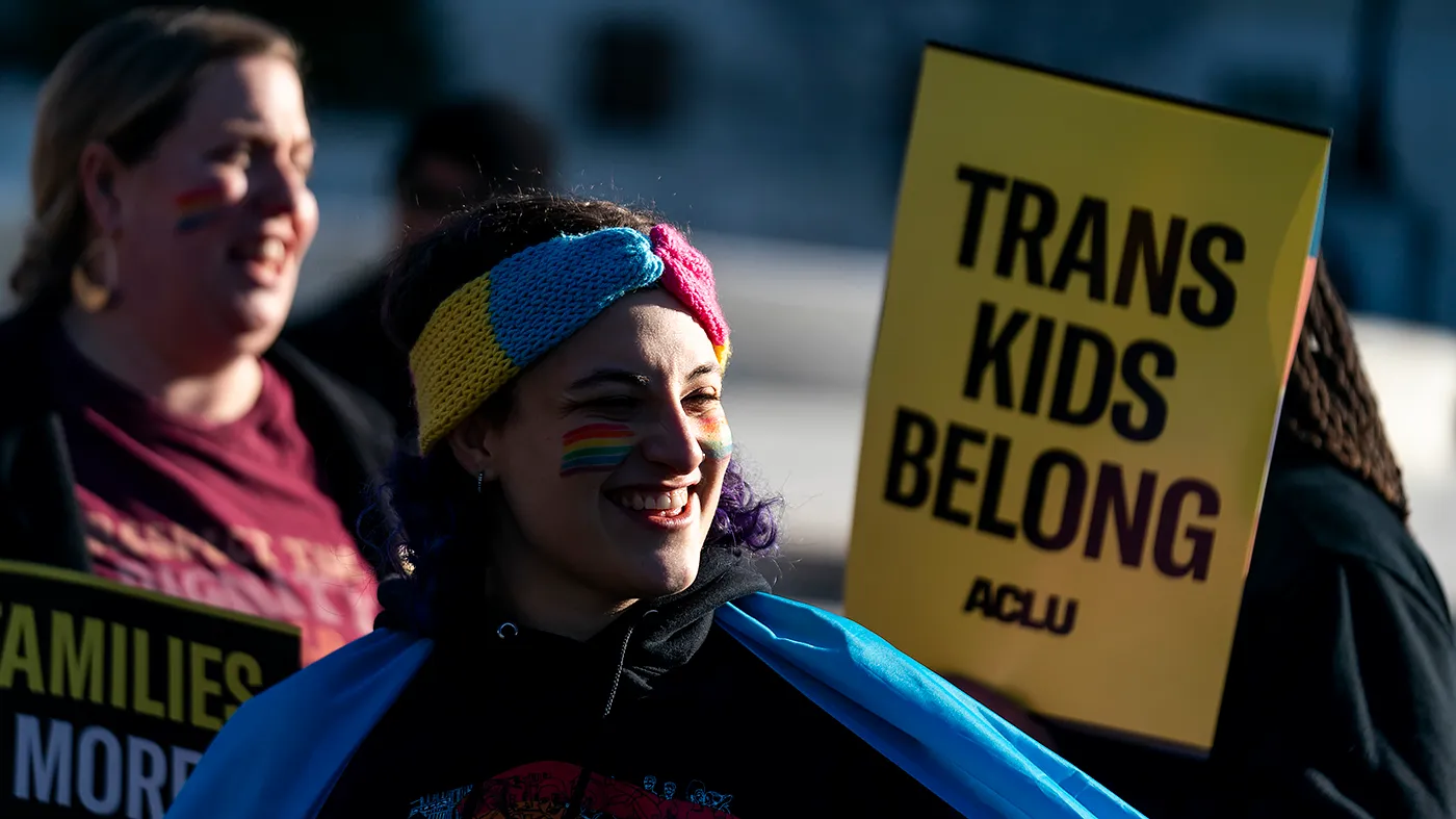 Demonstrators in favor of transgender rights in sports are seen outside the Supreme Court in Washington, D.C., on Tuesday, January 13, 2026 as court hears oral arguments in the Little v. Hecox and West Virginia v. B.P.J. regarding transgender rights in women’s sports.