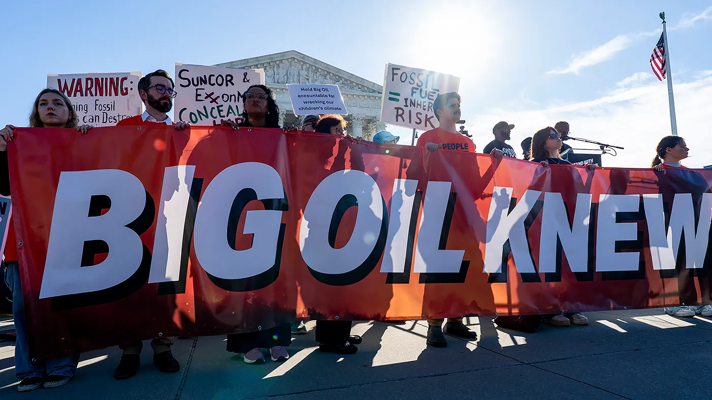 People against fossil fuel companies rally outside the Supreme Court in Washington, D.C., on Monday, October 5, 2026, as the court holds oral arguments in Suncor Energy Inc. v. County Commissioners of Boulder County.