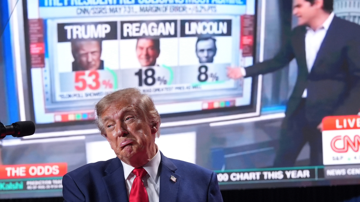 President Donald Trump reacts as a video plays on a screen at a campaign rally at the Freeman Coliseum in San Antonio, Wednesday, Oct. 7, 2026. (AP Photo/Alex Brandon)