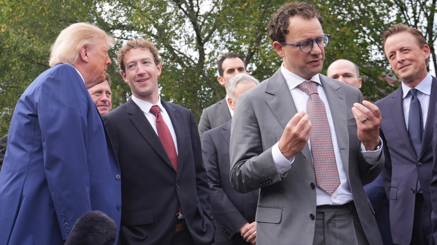 President Donald Trump stands next to Meta CEO Mark Zuckerberg as Dario Amodei speaks to reporters at the White House in Washington, Tuesday Sept. 29, 2026, after meeting with top executives of AI firms. (AP Photo/Alex Brandon)